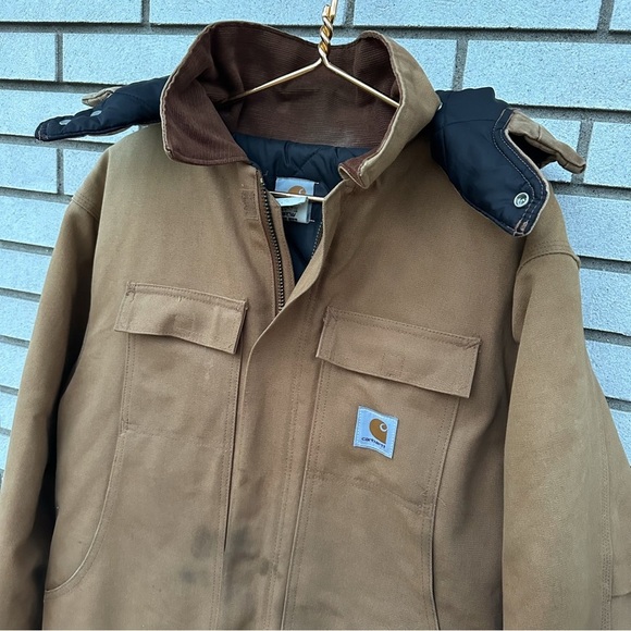 Vintage 90s Carhartt Tan Chore Jacket Detachable Hood Corduroy Collar Y2K - Picture 2 of 16